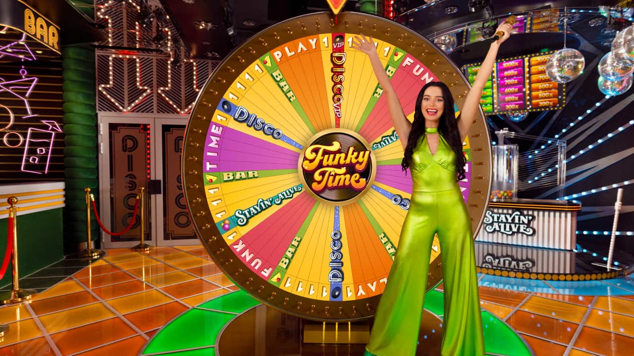 Funky Time live casino studio with Funky Time Wheel and live presenter