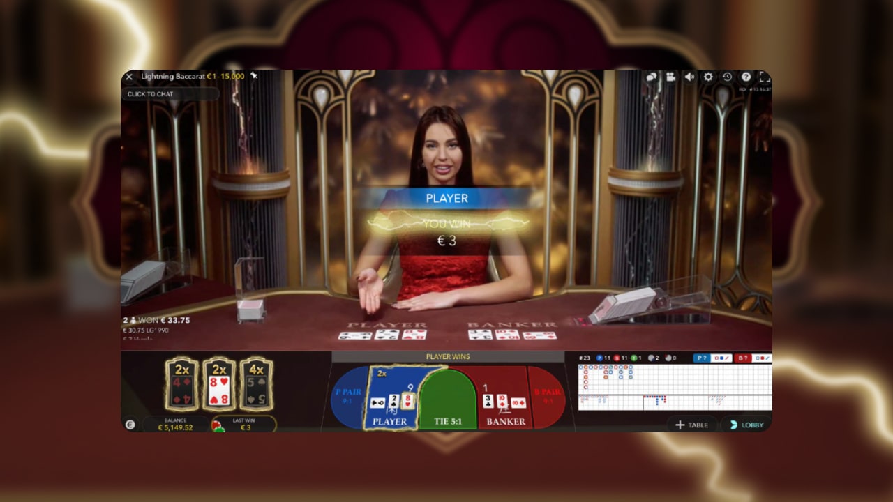 lightning baccarat paytable and live dealer